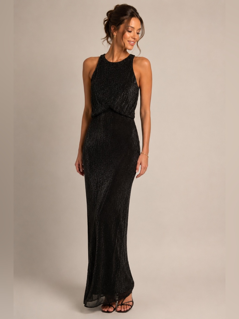 Vintage‎ 90s Cache Size 6 Metallic Black Sleeveless Maxi Gown Dress Made in USA
